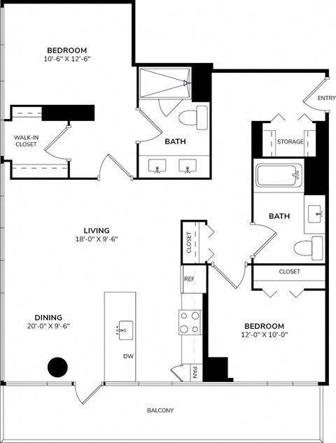 Floor plan for 2 beds, 2 baths, 1190 sqft